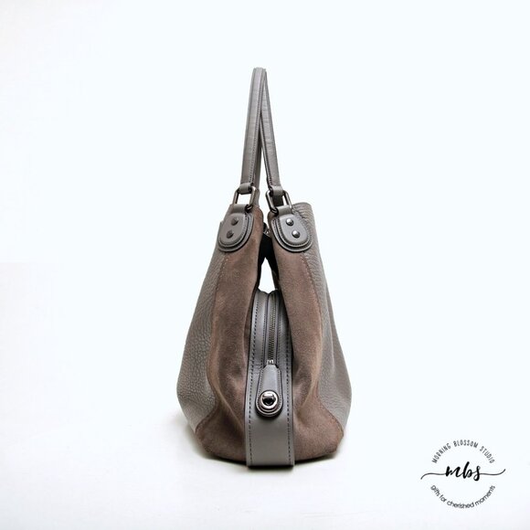 Coach Edie 42 Pebble Leather with Suede Sides Hobo Shoulder Bag Gray Tan - Picture 3 of 16